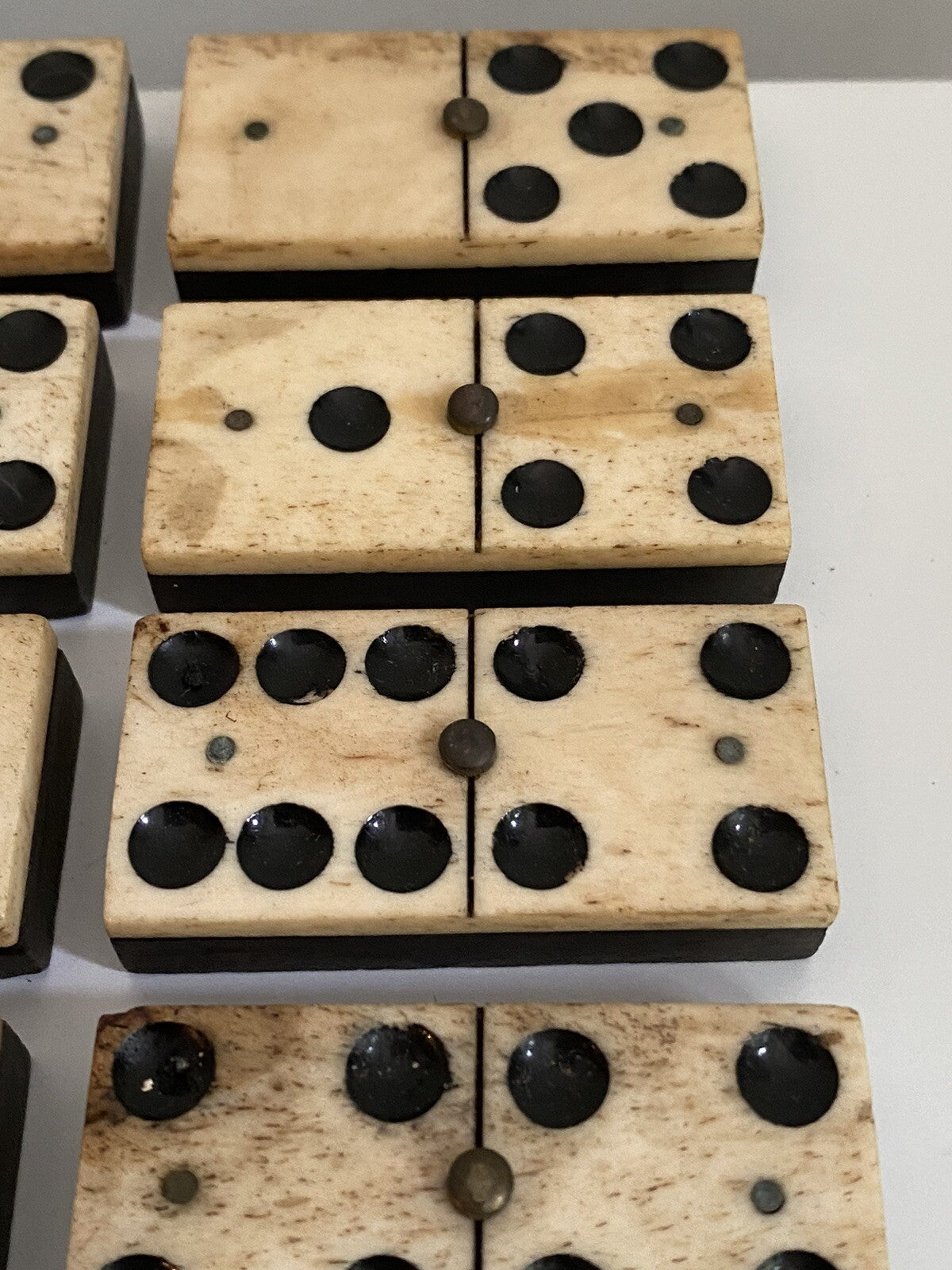 Antique Vintage 28 Bone & Ebony Dominos with Brass Pins Full Set In Box 19th C