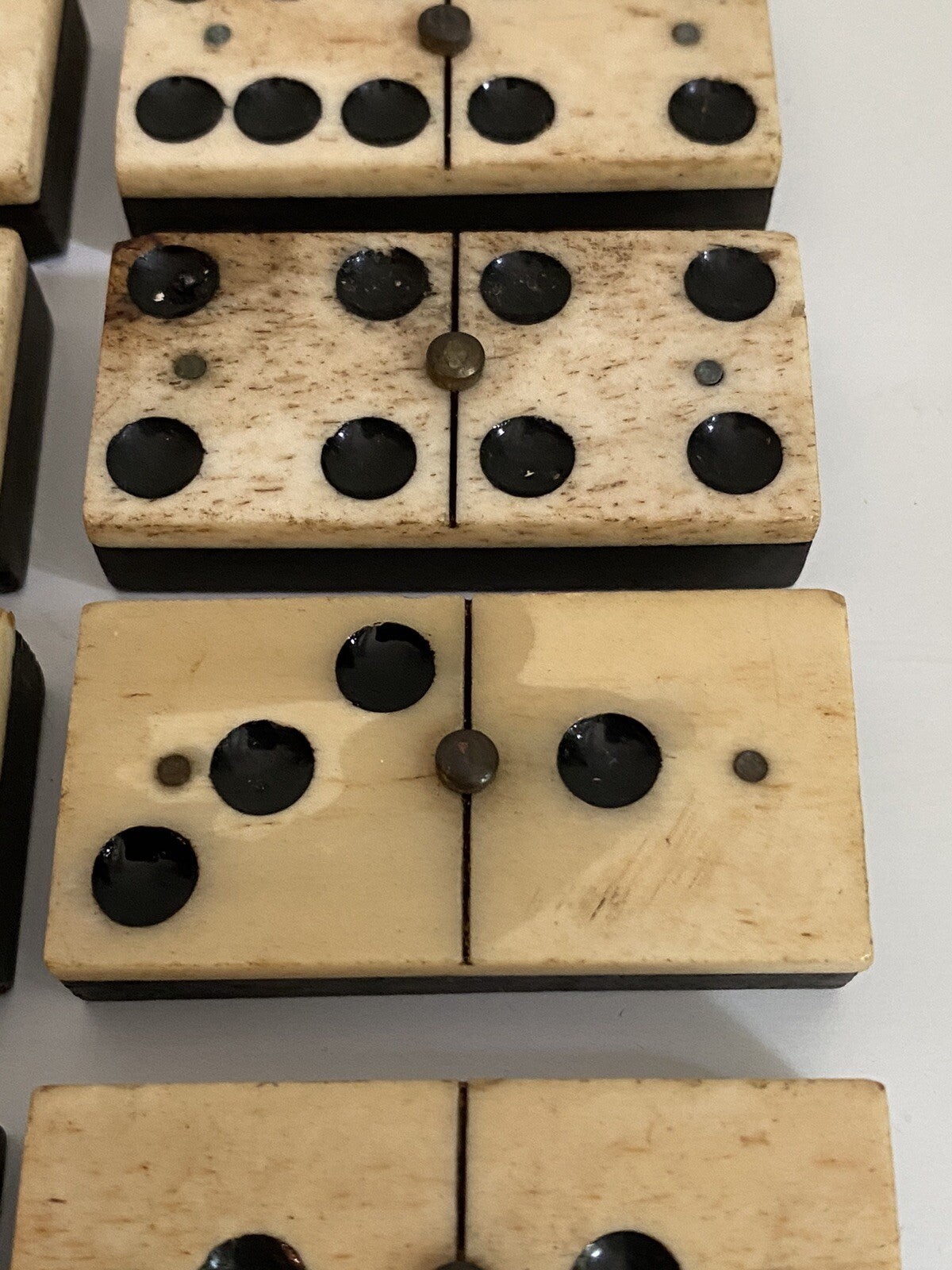 Antique Vintage 28 Bone & Ebony Dominos with Brass Pins Full Set In Box 19th C
