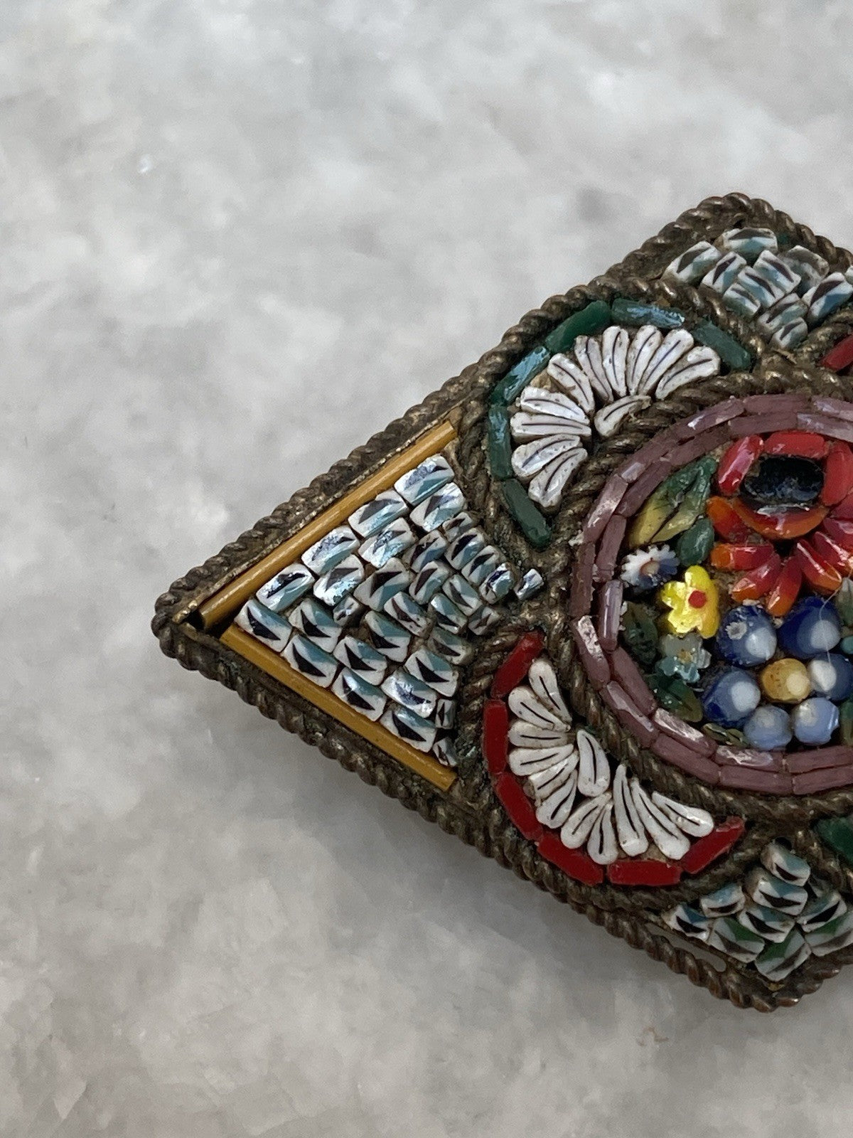 Antique Italian Glass Micro Mosaic Brooch Gold Tone Metal Jewellery Floral Italy