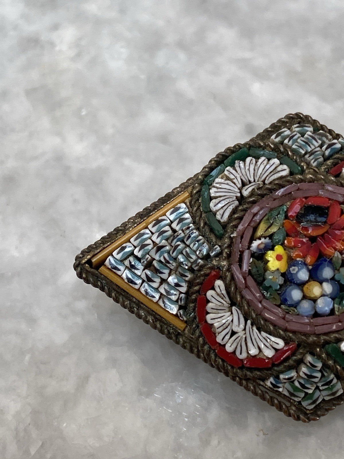 Antique Italian Glass Micro Mosaic Brooch Gold Tone Metal Jewellery Floral Italy