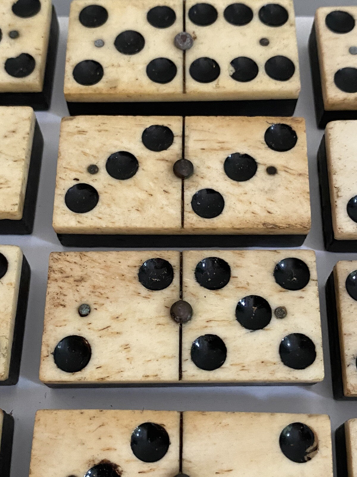 Antique Vintage 28 Bone & Ebony Dominos with Brass Pins Full Set In Box 19th C