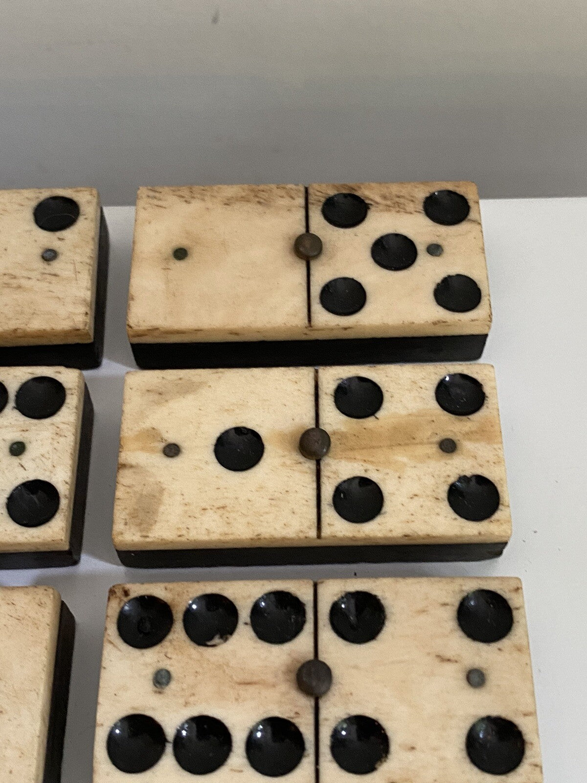 Antique Vintage 28 Bone & Ebony Dominos with Brass Pins Full Set In Box 19th C