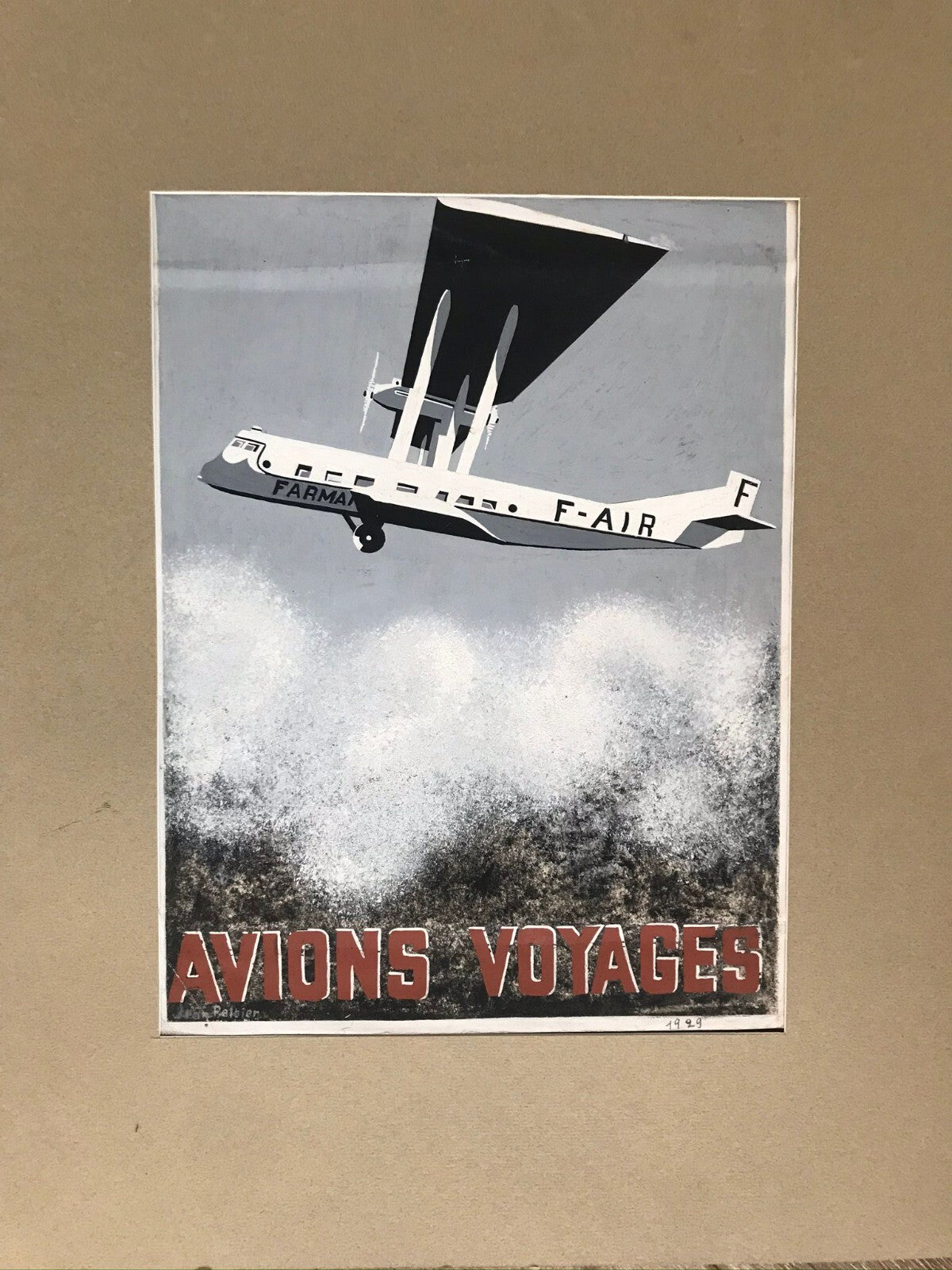 Original Vintage Hand Painted Maquette Art Deco Travel Aviation Aeroplane Poster