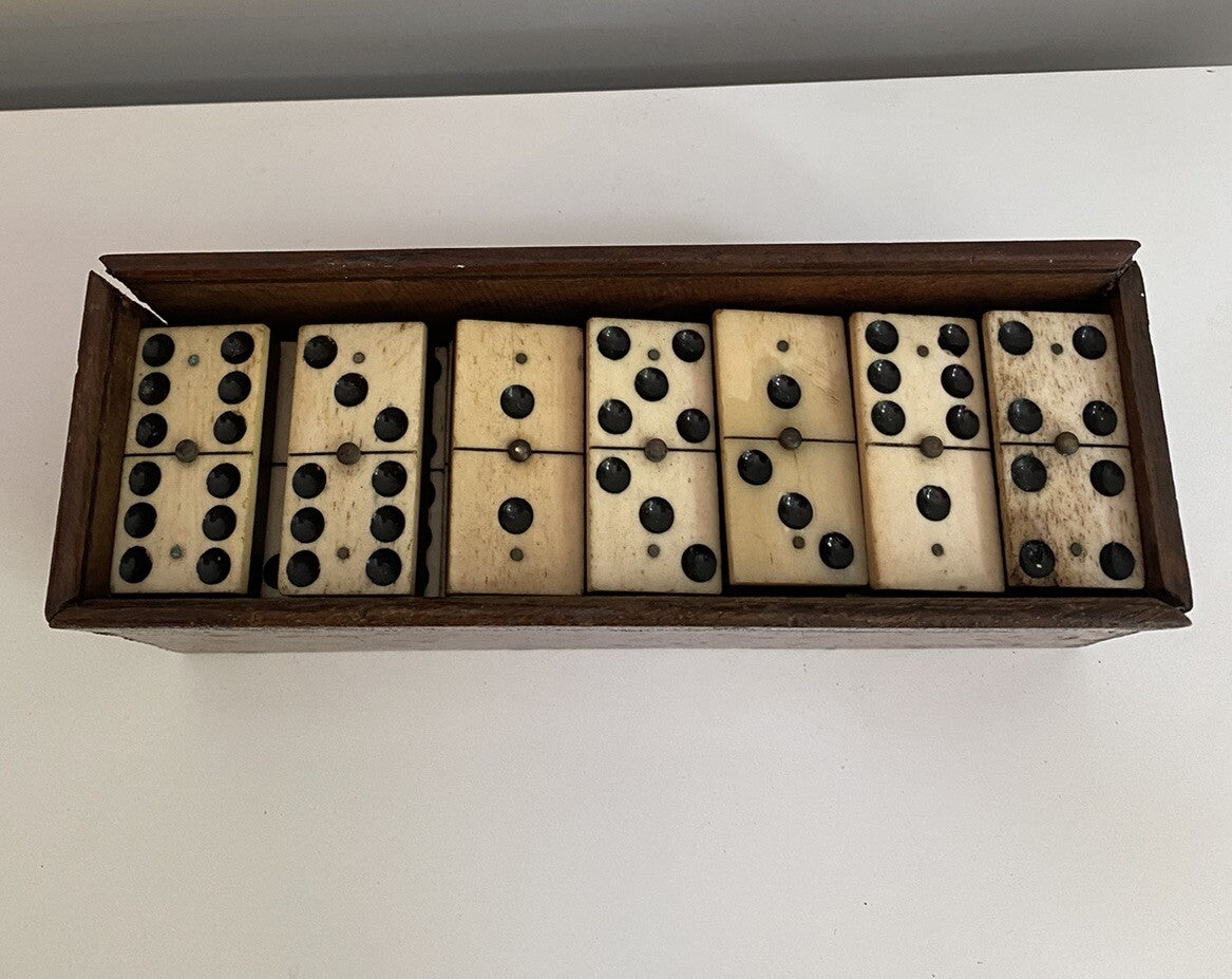 Antique Vintage 28 Bone & Ebony Dominos with Brass Pins Full Set In Box 19th C