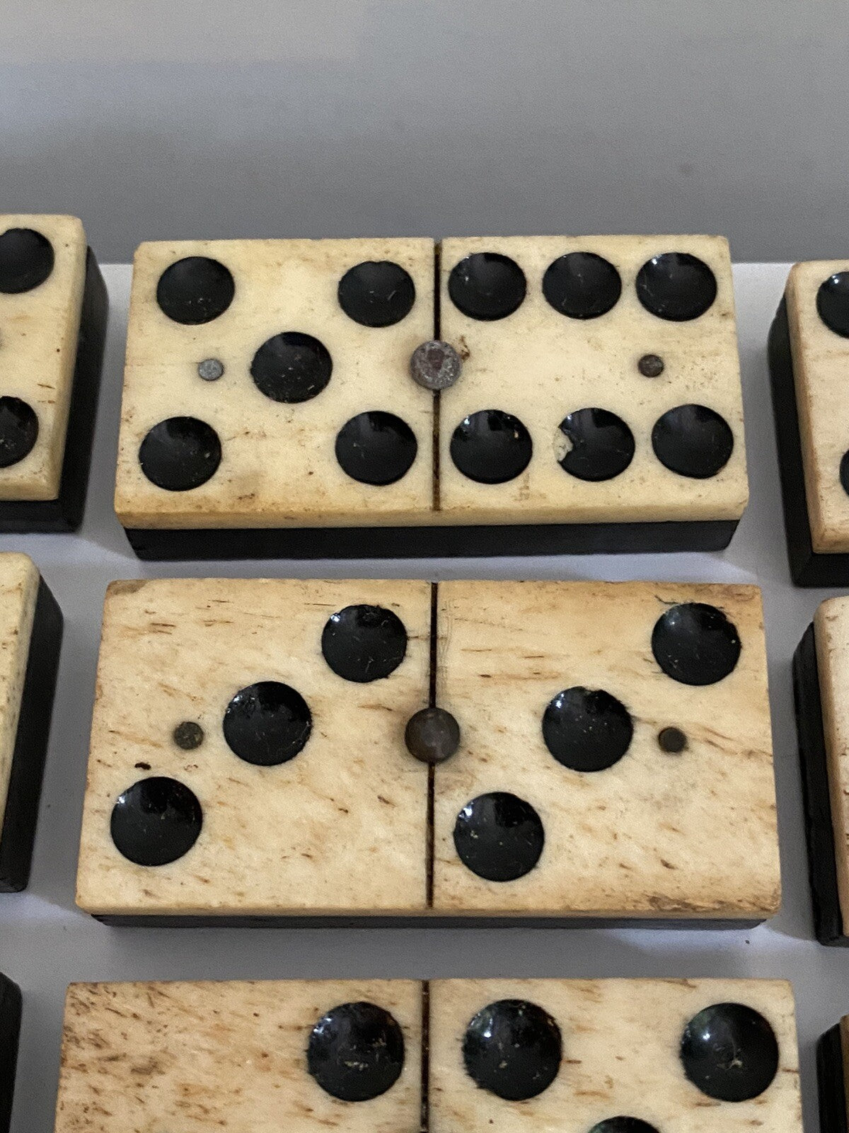 Antique Vintage 28 Bone & Ebony Dominos with Brass Pins Full Set In Box 19th C