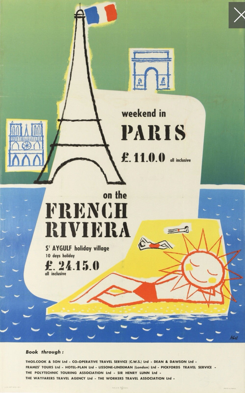 Original Vintage 1957 Travel Advertising Tourism Poster Paris Cote D’Azur France