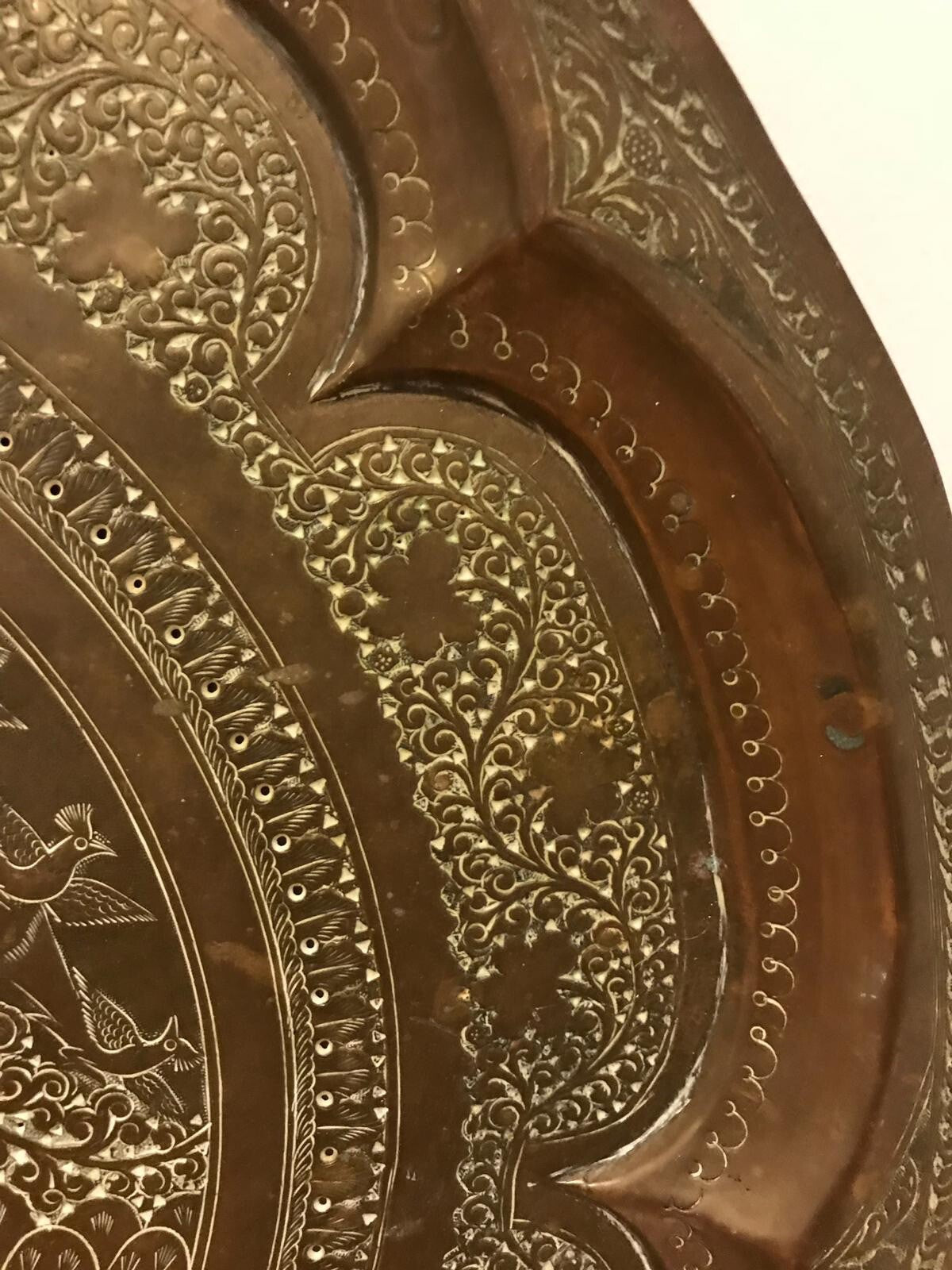 Antique 19th Century Indian Brass Tray Hunting Scene Wild Boar Engraved Embossed