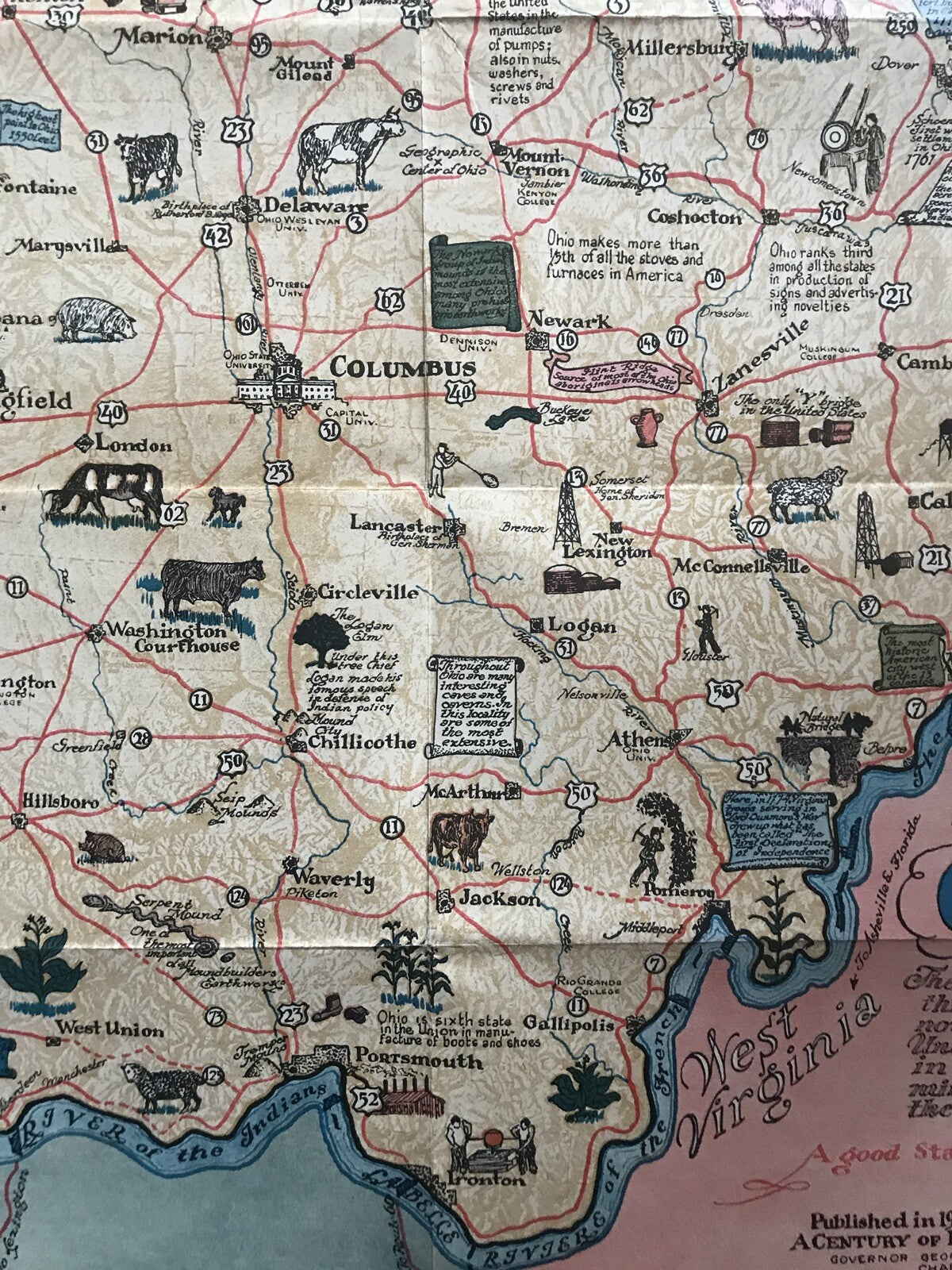 Original Vintage Being A Cartograph Of Ohio 1933 America Art Deco Poster Map