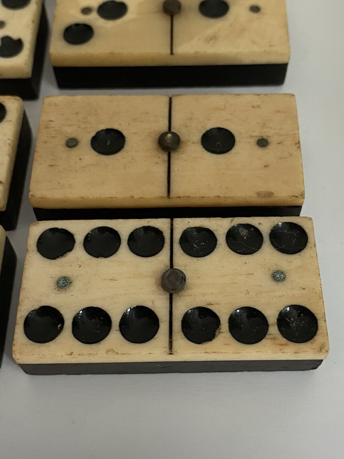 Antique Vintage 28 Bone & Ebony Dominos with Brass Pins Full Set In Box 19th C