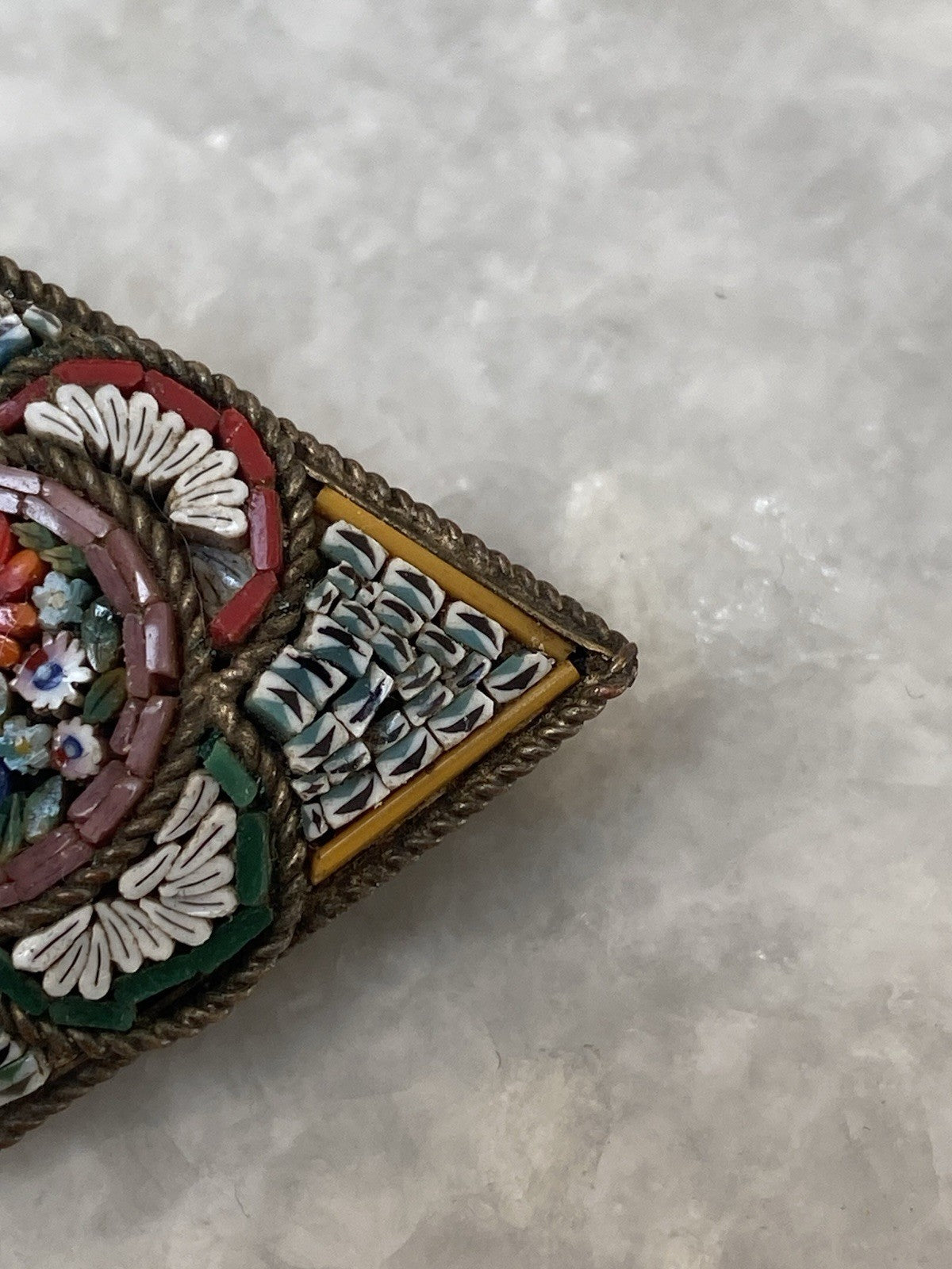 Antique Italian Glass Micro Mosaic Brooch Gold Tone Metal Jewellery Floral Italy