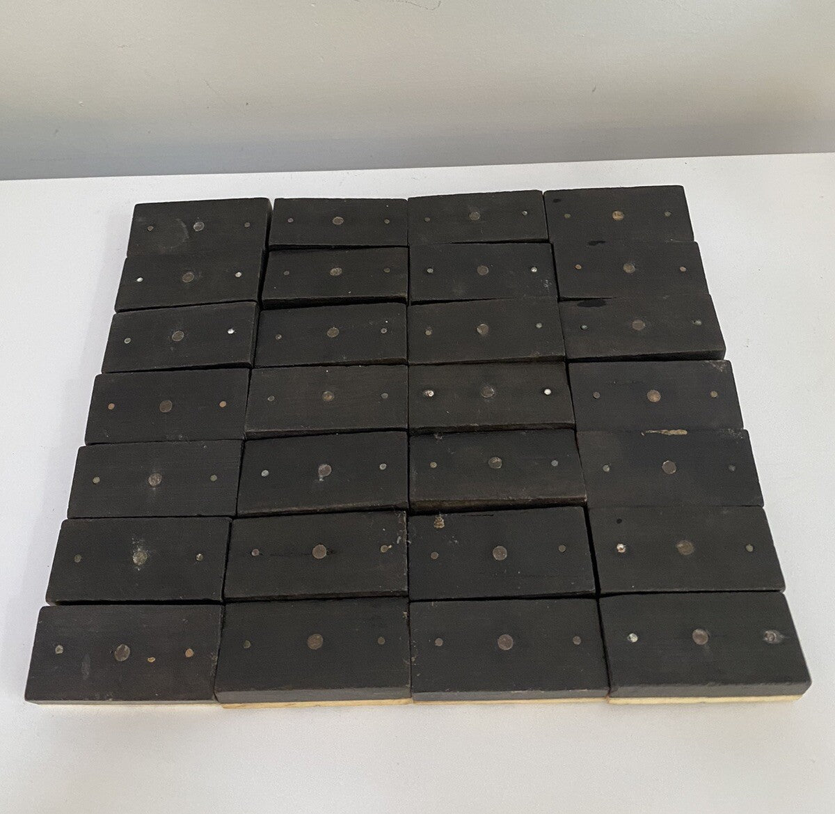 Antique Vintage 28 Bone & Ebony Dominos with Brass Pins Full Set In Box 19th C