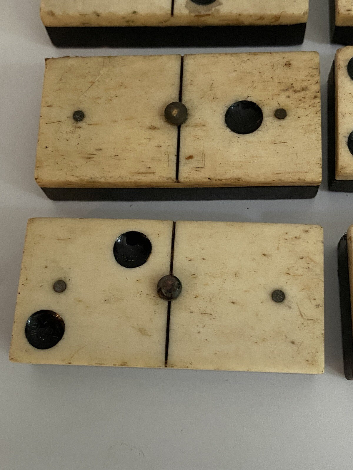 Antique Vintage 28 Bone & Ebony Dominos with Brass Pins Full Set In Box 19th C