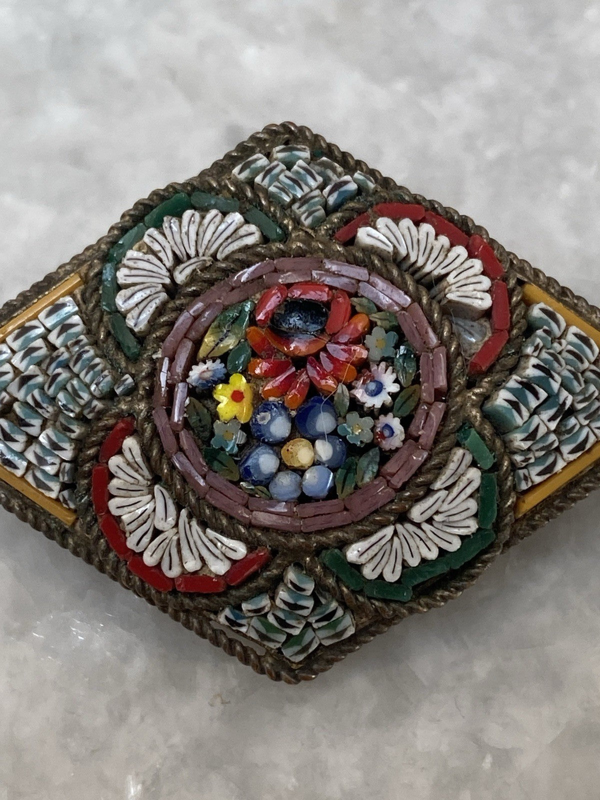 Antique Italian Glass Micro Mosaic Brooch Gold Tone Metal Jewellery Floral Italy
