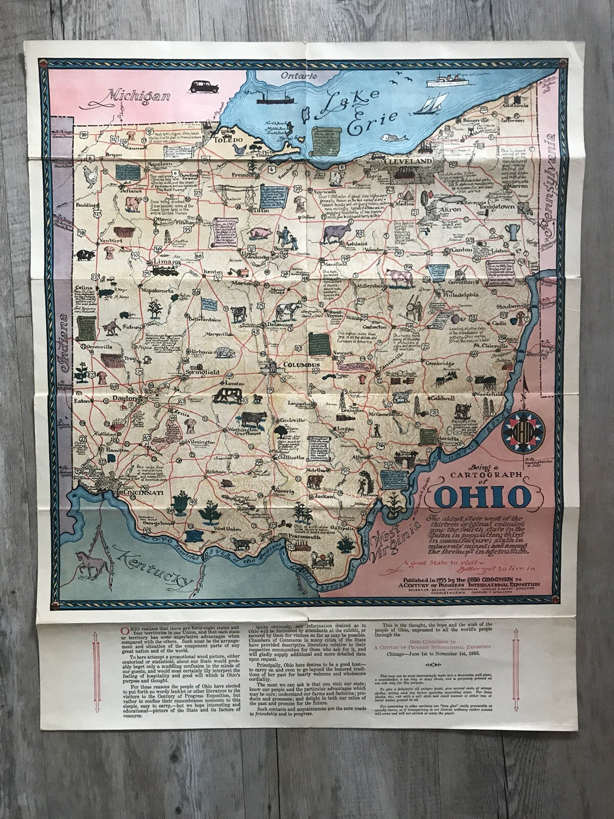 Original Vintage Being A Cartograph Of Ohio 1933 America Art Deco Poster Map