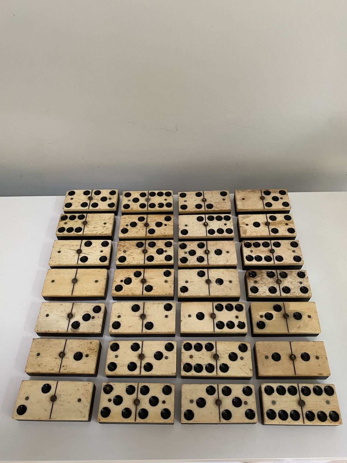 Antique Vintage 28 Bone & Ebony Dominos with Brass Pins Full Set In Box 19th C