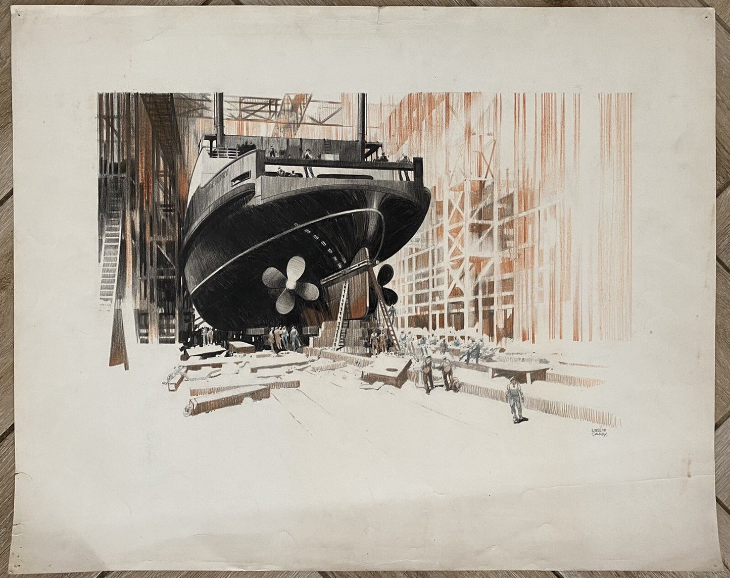 Original Leslie Carr Painting Ferry In Docks Ship Art Deco Poster Design Nautica