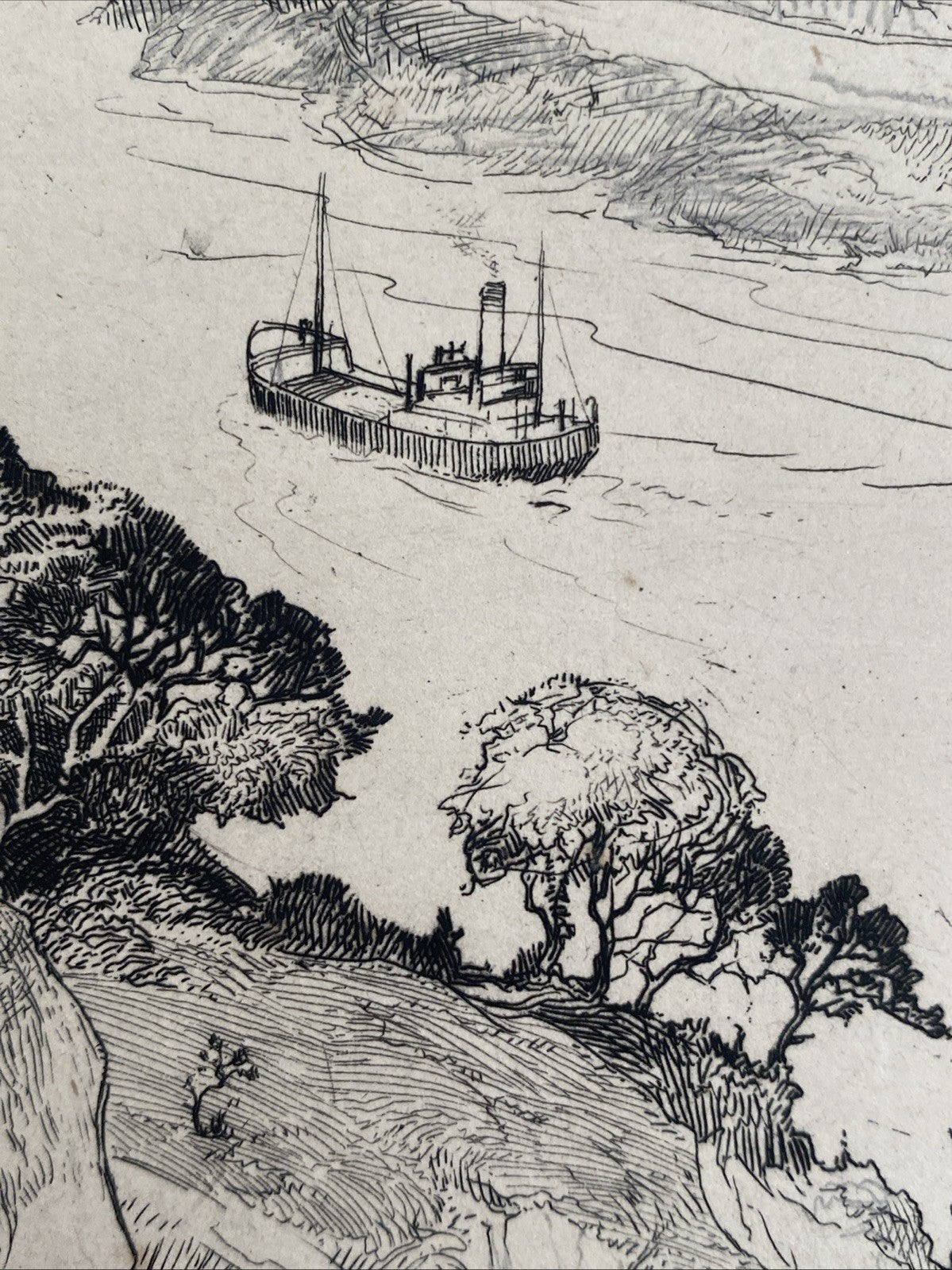 Rare Antique Original Etching Bristol Clifton Suspension Bridge River Avon Ship