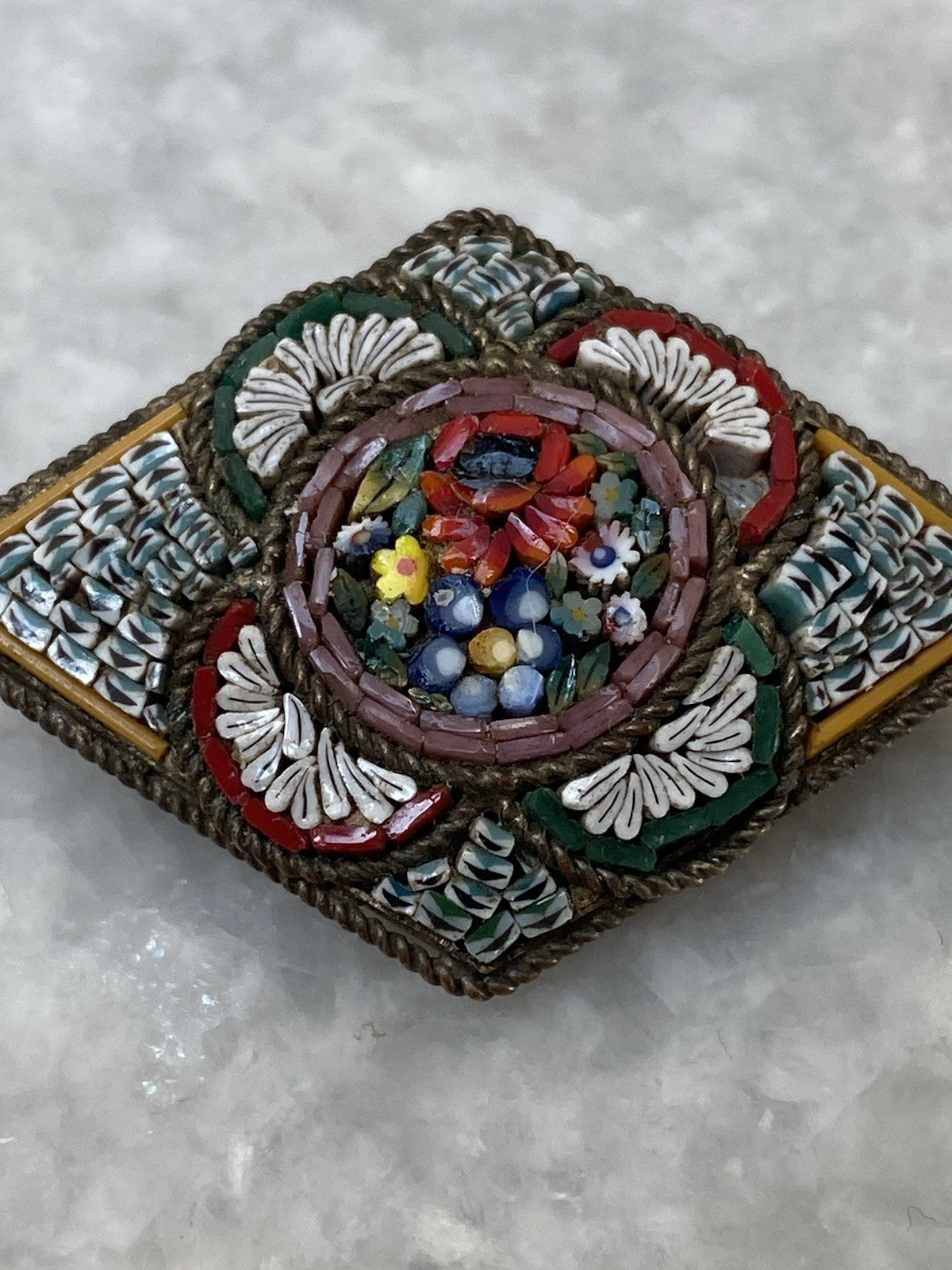 Antique Italian Glass Micro Mosaic Brooch Gold Tone Metal Jewellery Floral Italy