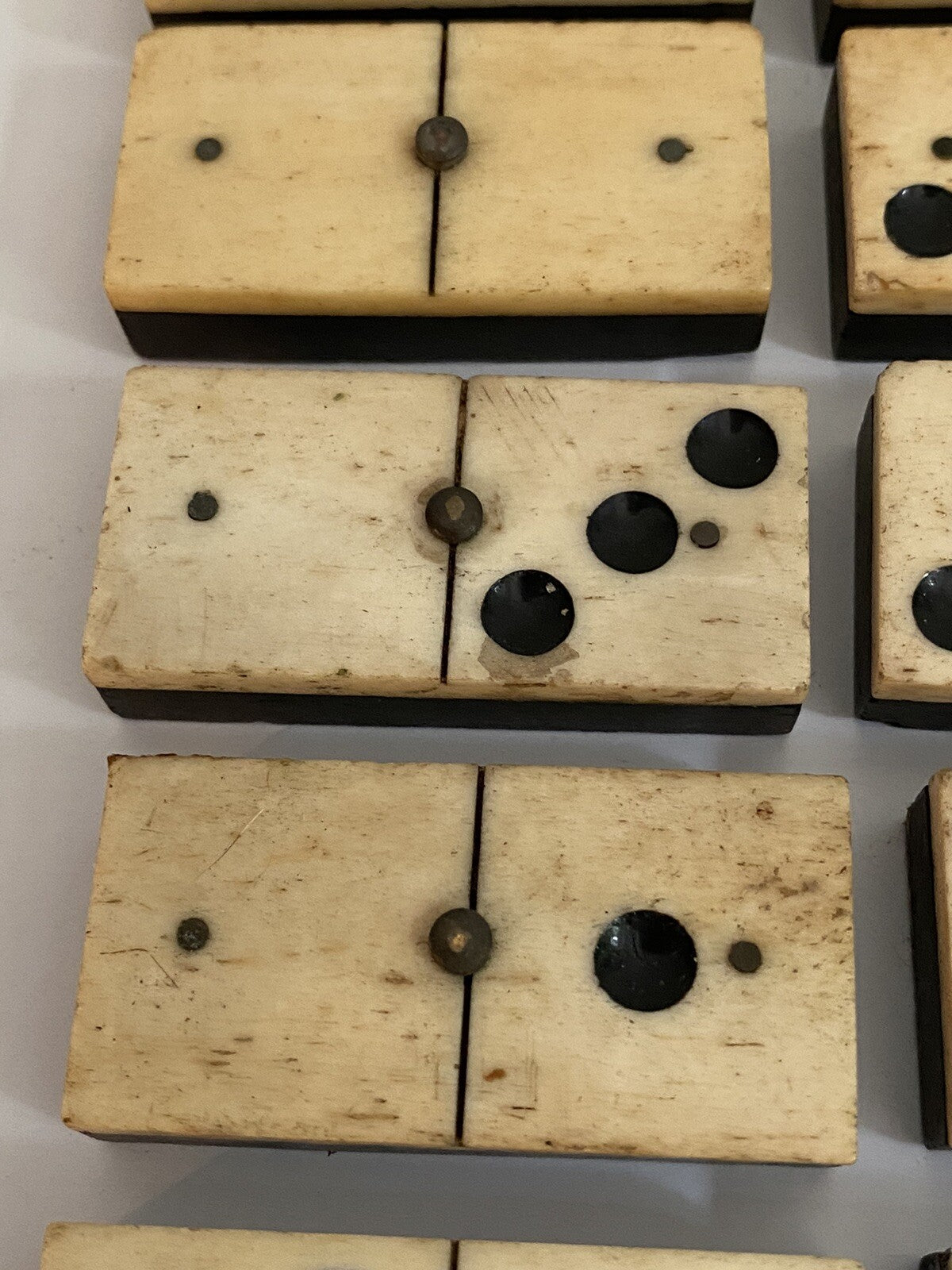 Antique Vintage 28 Bone & Ebony Dominos with Brass Pins Full Set In Box 19th C