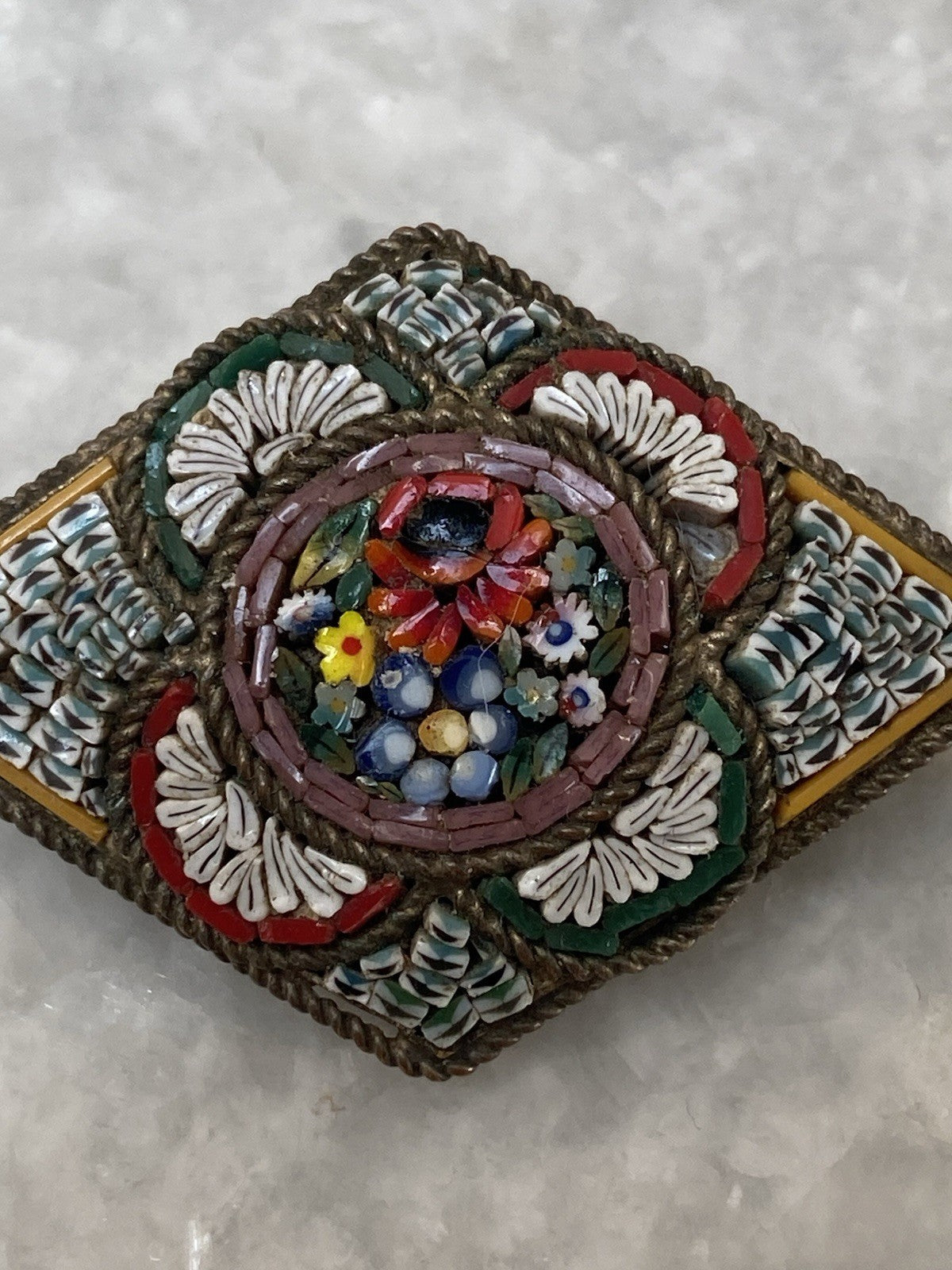 Antique Italian Glass Micro Mosaic Brooch Gold Tone Metal Jewellery Floral Italy
