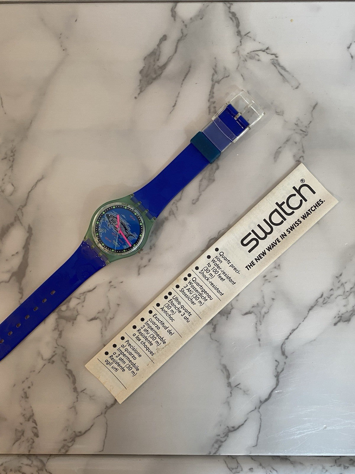 Swatch Vtg Frische 1992 Watch Boxed Papers Working Swiss Gents Mens Fish Quartz