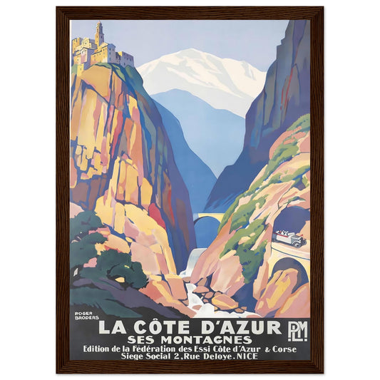 A dark brown pine wooden frame with a rustic visible grain, holding a vintage-style travel poster.