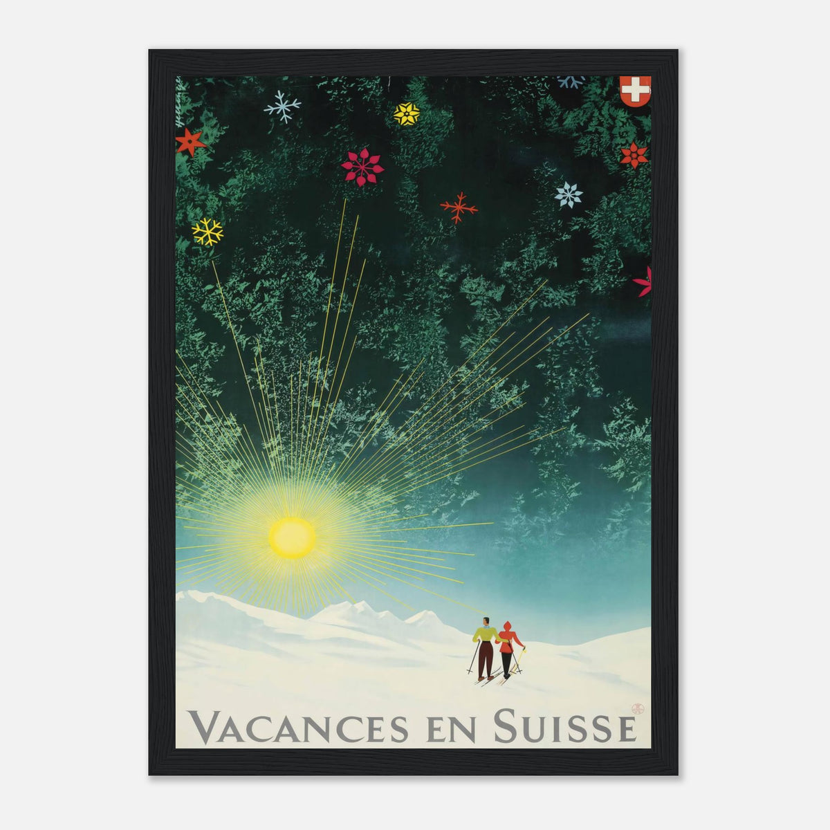 Vintage Vacances en Suisse sunburst and snowy pines Swiss by Donald Brun vintage ski and travel advertising poster print.