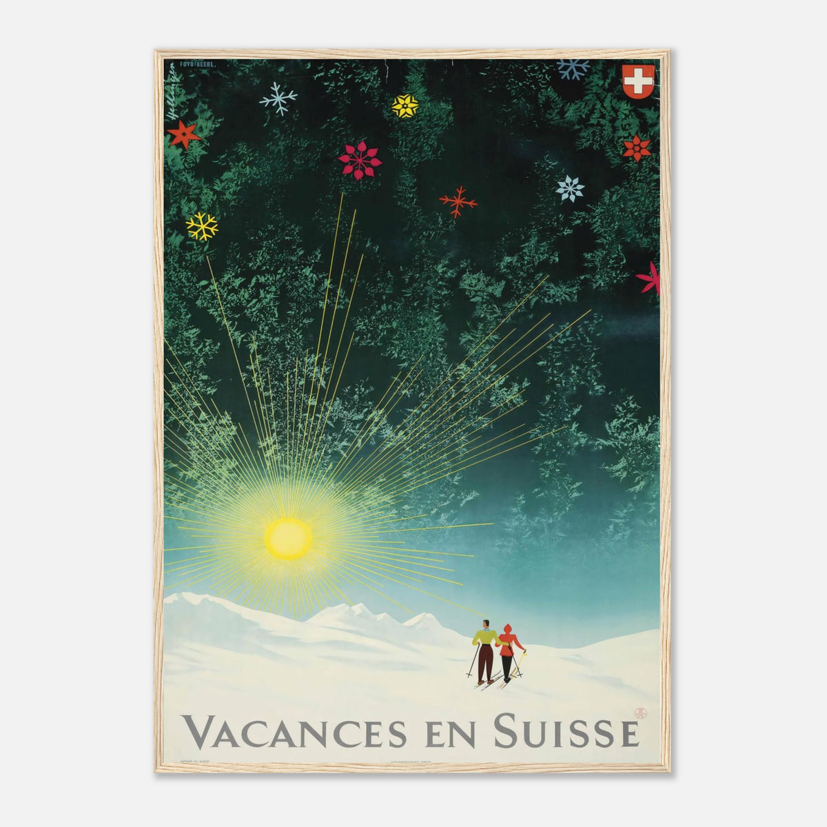 Vintage Vacances en Suisse sunburst and snowy pines Swiss by Donald Brun vintage ski and travel advertising poster print.