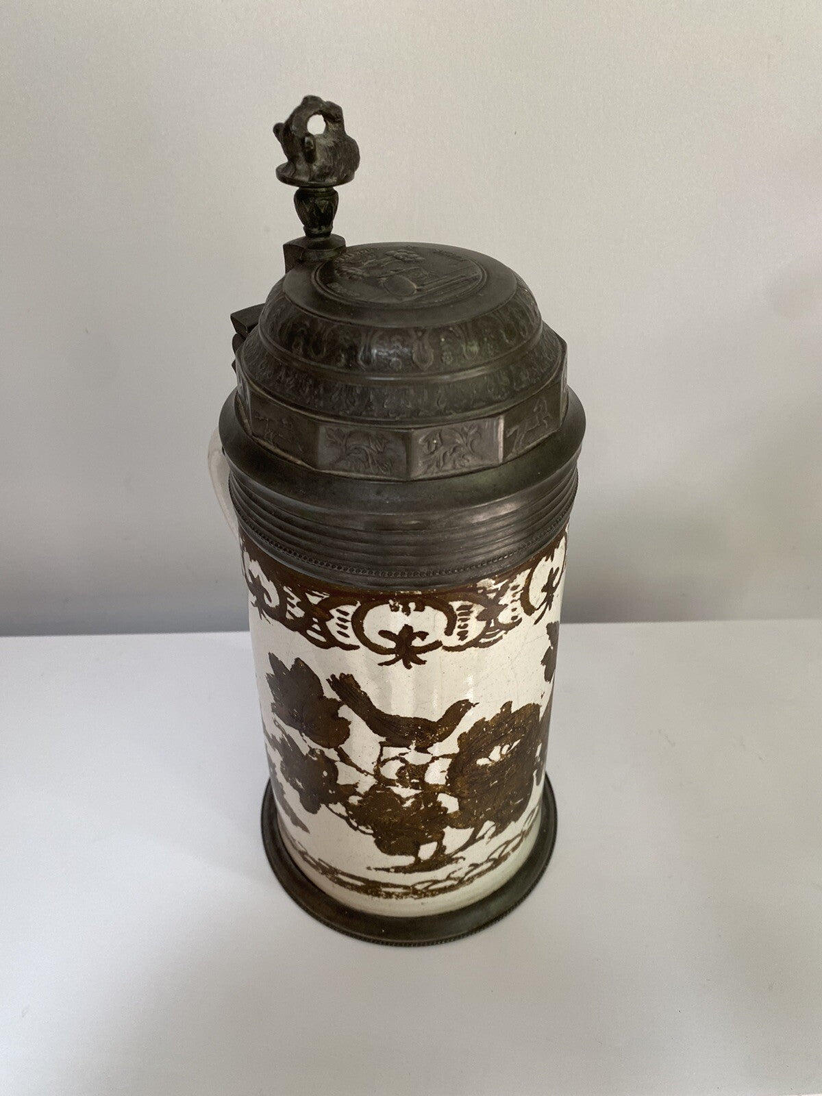 Rare Antique German Faience Pewter Beer Stein Schrezheim Factory Cold Painted