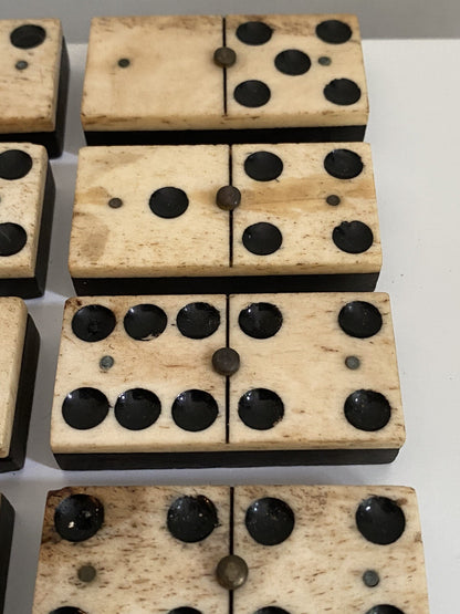 Antique Vintage 28 Bone & Ebony Dominos with Brass Pins Full Set In Box 19th C
