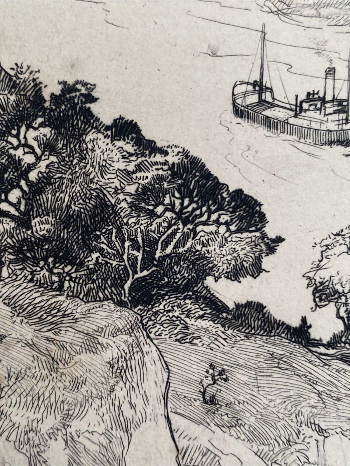 Rare Antique Original Etching Bristol Clifton Suspension Bridge River Avon Ship