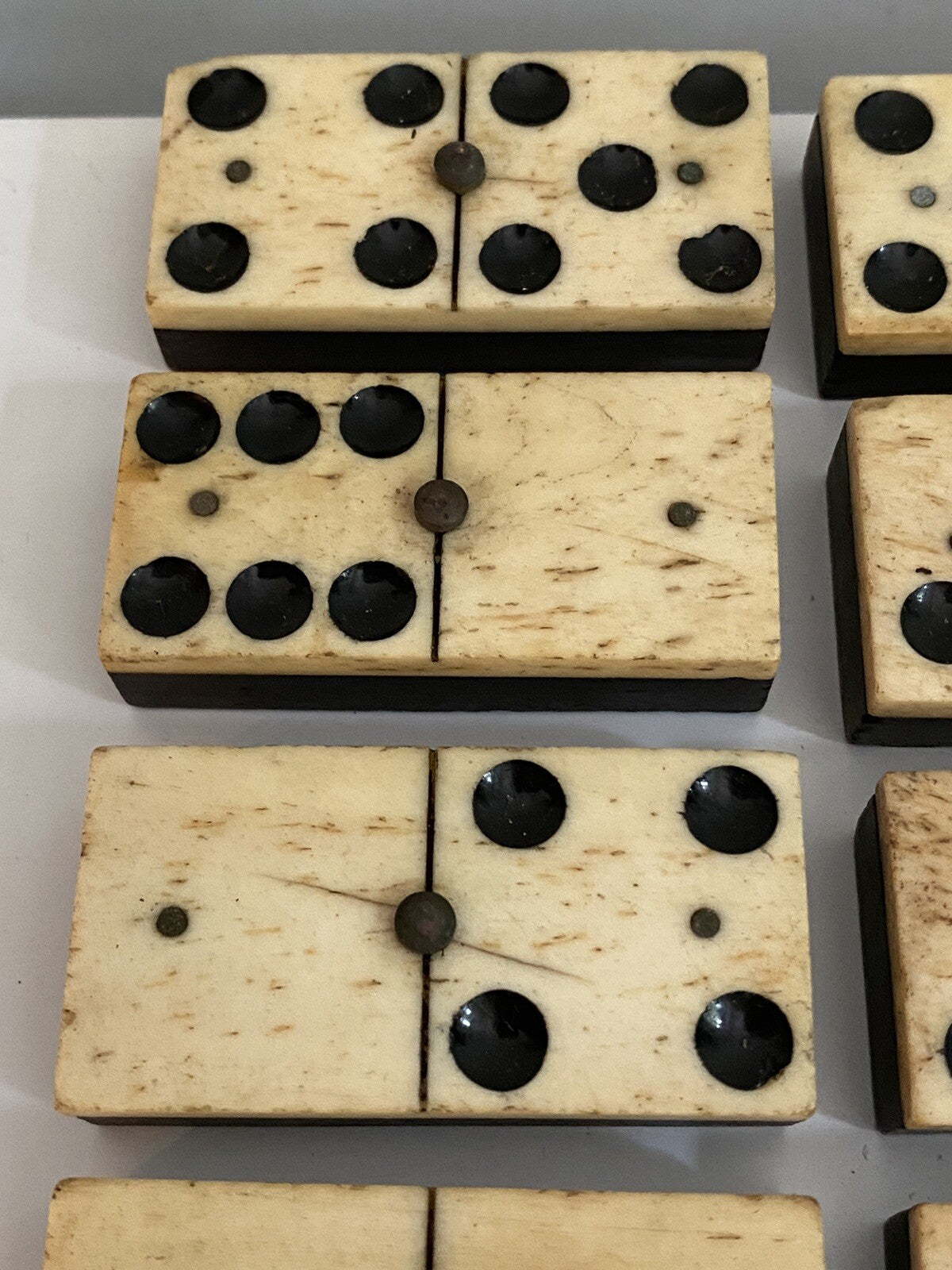 Antique Vintage 28 Bone & Ebony Dominos with Brass Pins Full Set In Box 19th C
