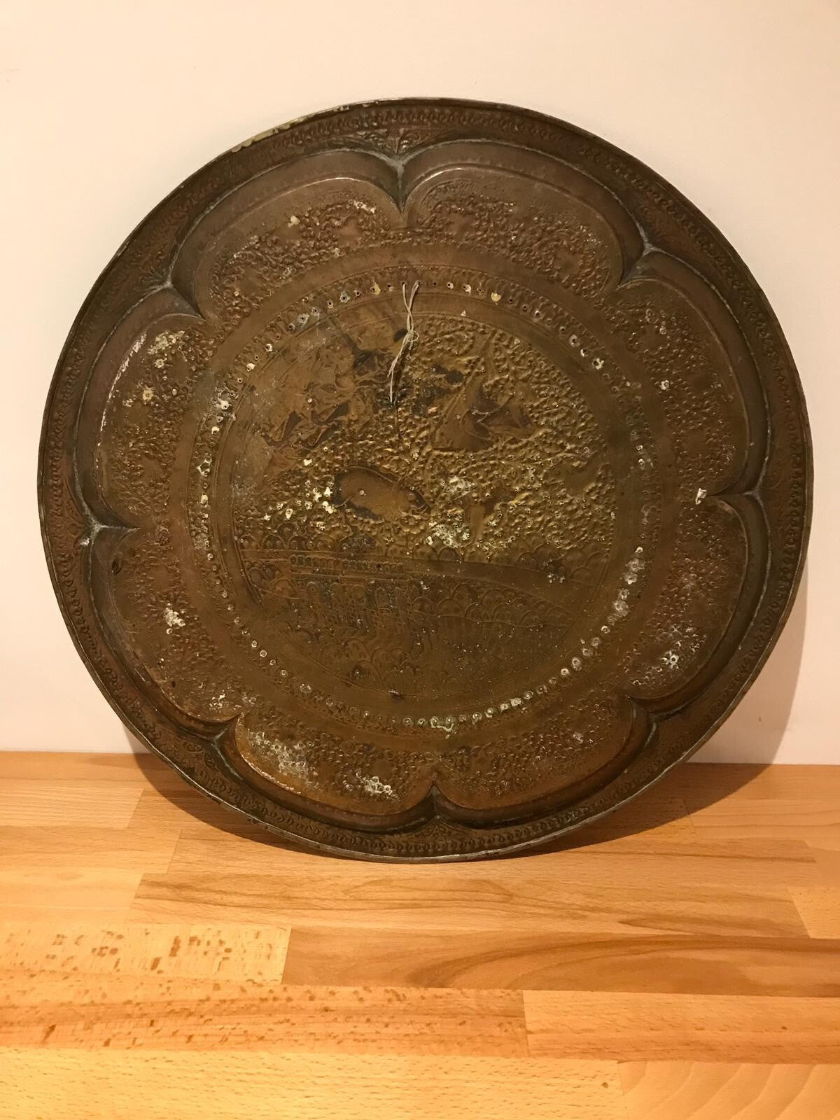 Antique 19th Century Indian Brass Tray Hunting Scene Wild Boar Engraved Embossed