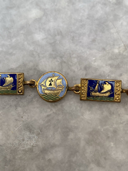 Rare Art Deco Kelt Studio Creston Celtic Enamel Bracelet Ship Boat French France