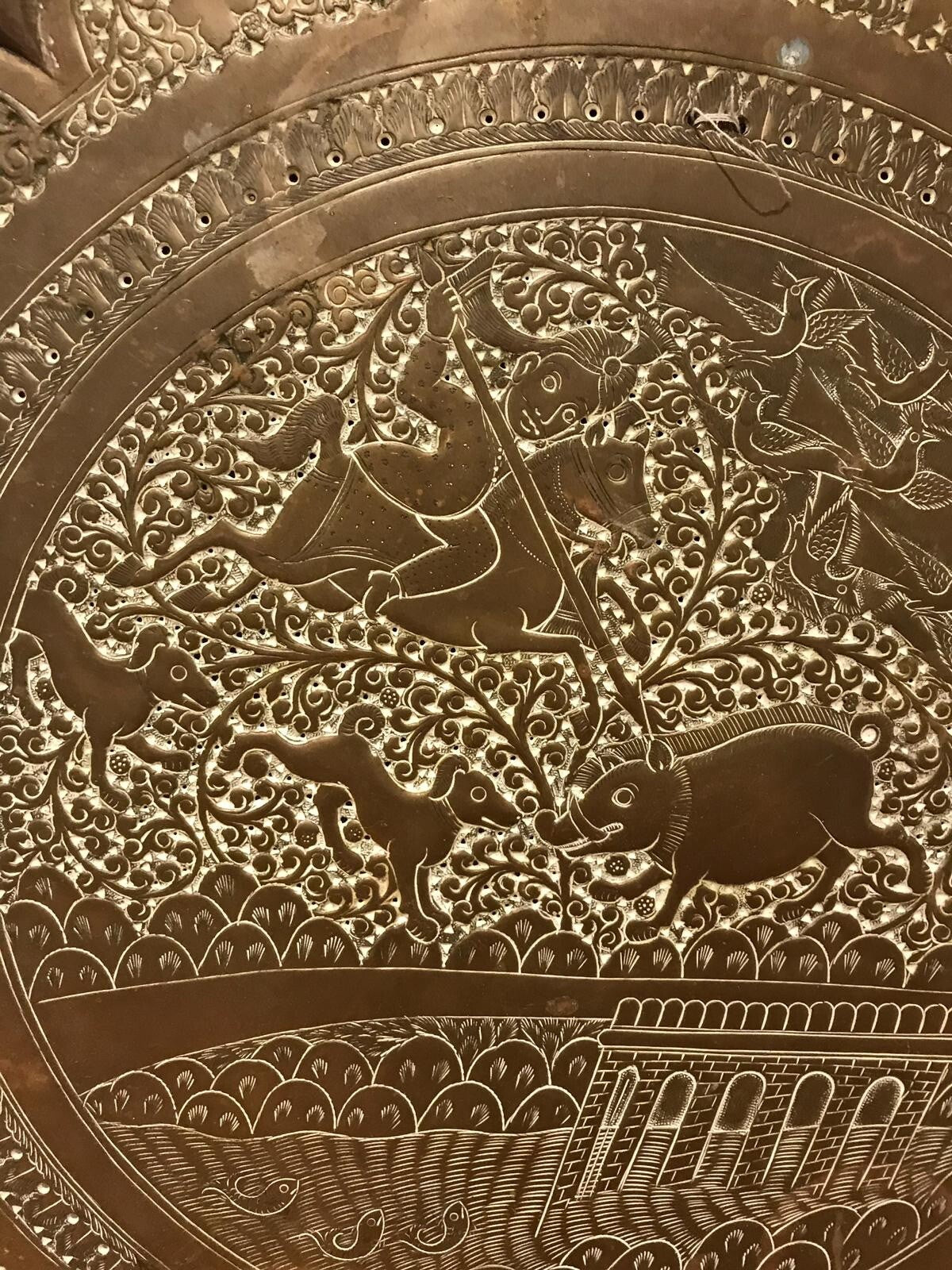 Antique 19th Century Indian Brass Tray Hunting Scene Wild Boar Engraved Embossed