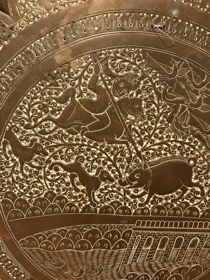Antique 19th Century Indian Brass Tray Hunting Scene Wild Boar Engraved Embossed