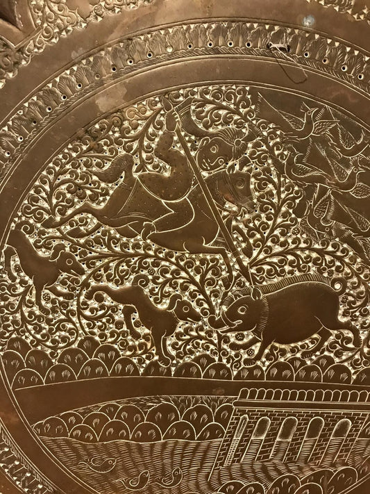 Antique 19th Century Indian Brass Tray Hunting Scene Wild Boar Engraved Embossed