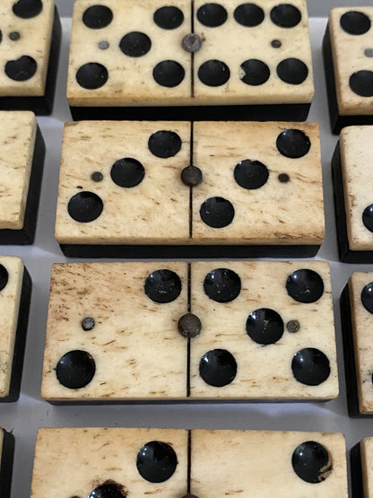 Antique Vintage 28 Bone & Ebony Dominos with Brass Pins Full Set In Box 19th C