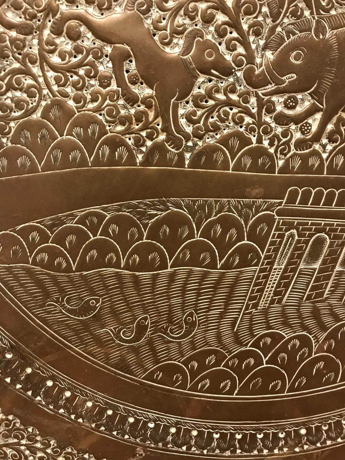 Antique 19th Century Indian Brass Tray Hunting Scene Wild Boar Engraved Embossed