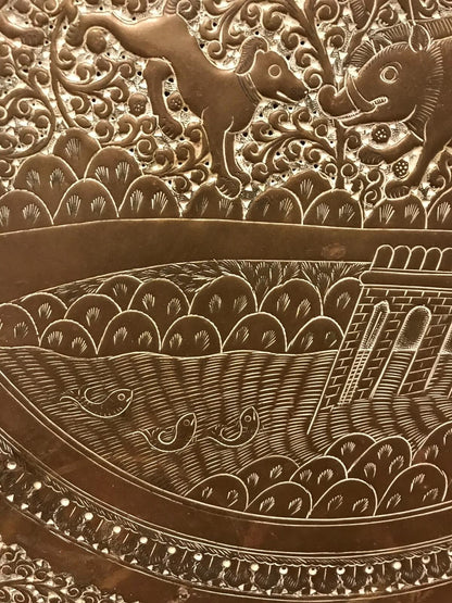 Antique 19th Century Indian Brass Tray Hunting Scene Wild Boar Engraved Embossed