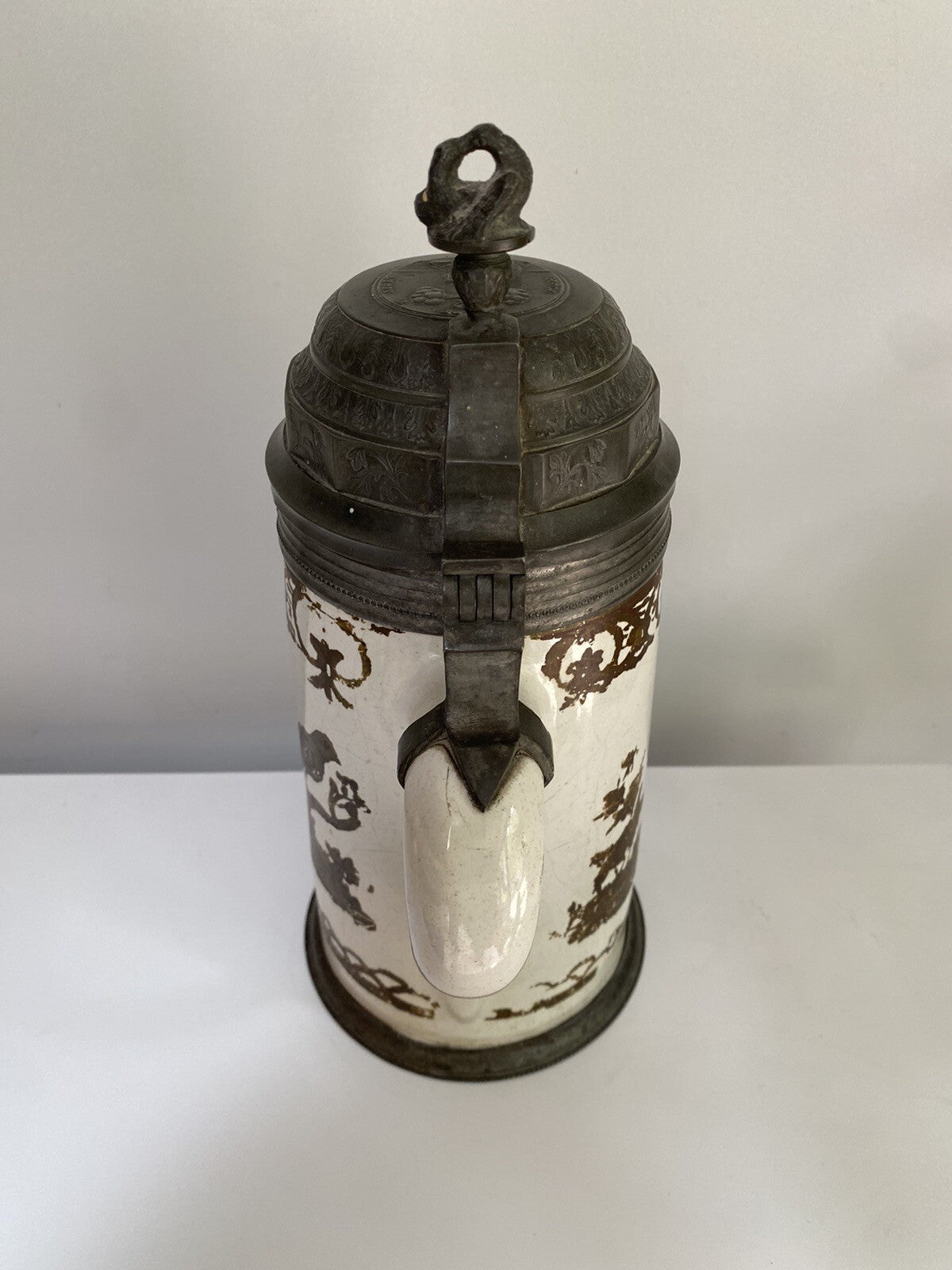 Rare Antique German Faience Pewter Beer Stein Schrezheim Factory Cold Painted