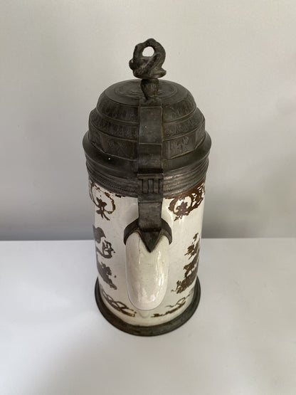 Rare Antique German Faience Pewter Beer Stein Schrezheim Factory Cold Painted