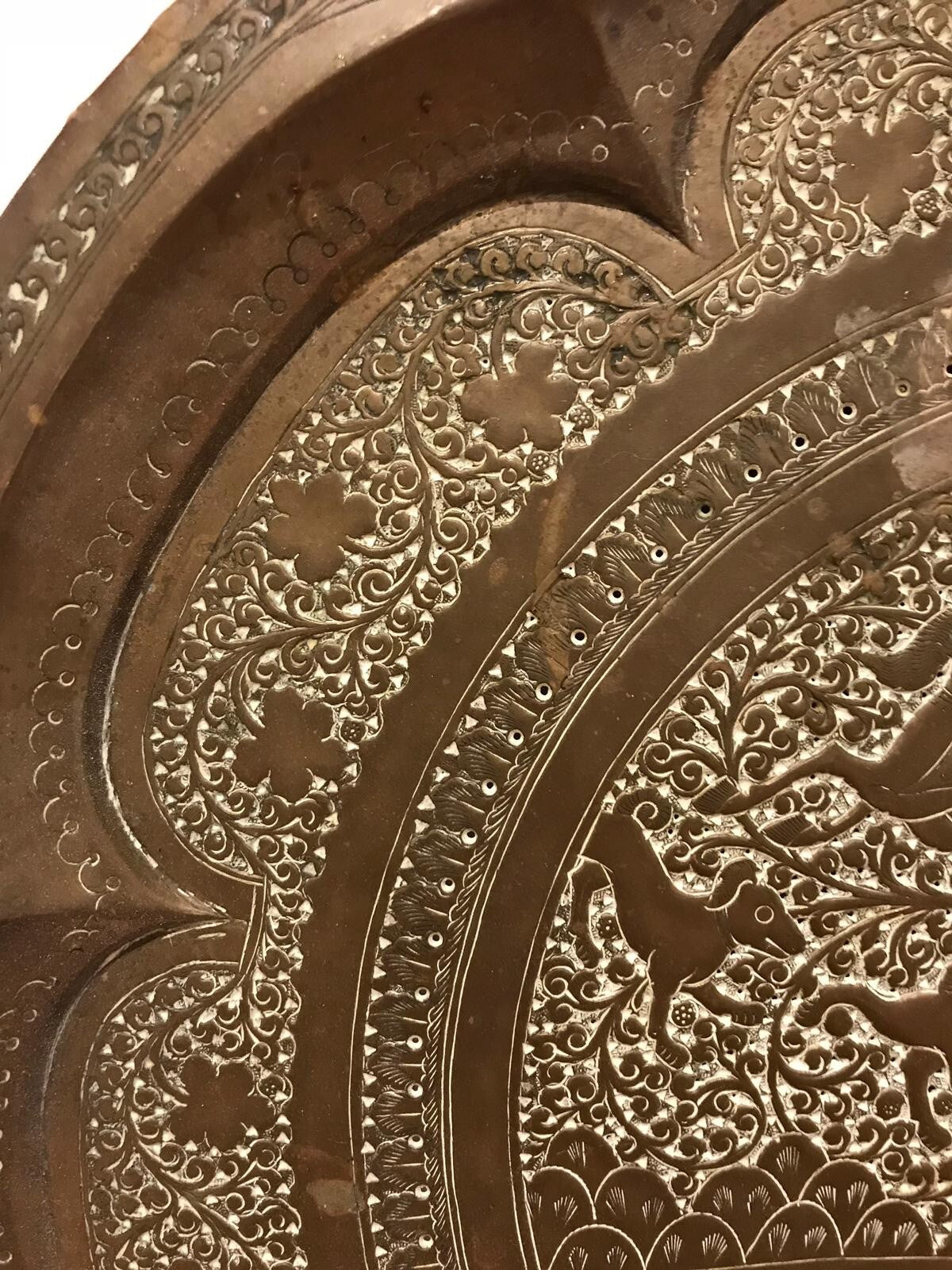 Antique 19th Century Indian Brass Tray Hunting Scene Wild Boar Engraved Embossed