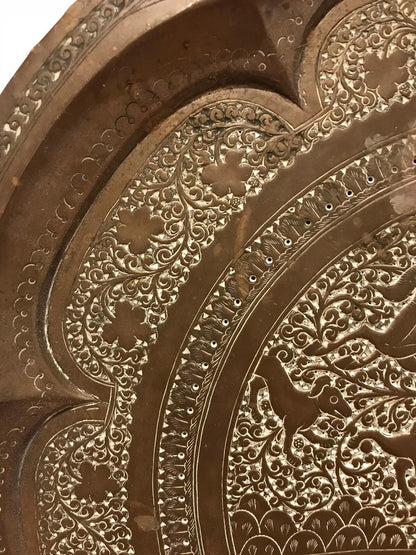 Antique 19th Century Indian Brass Tray Hunting Scene Wild Boar Engraved Embossed