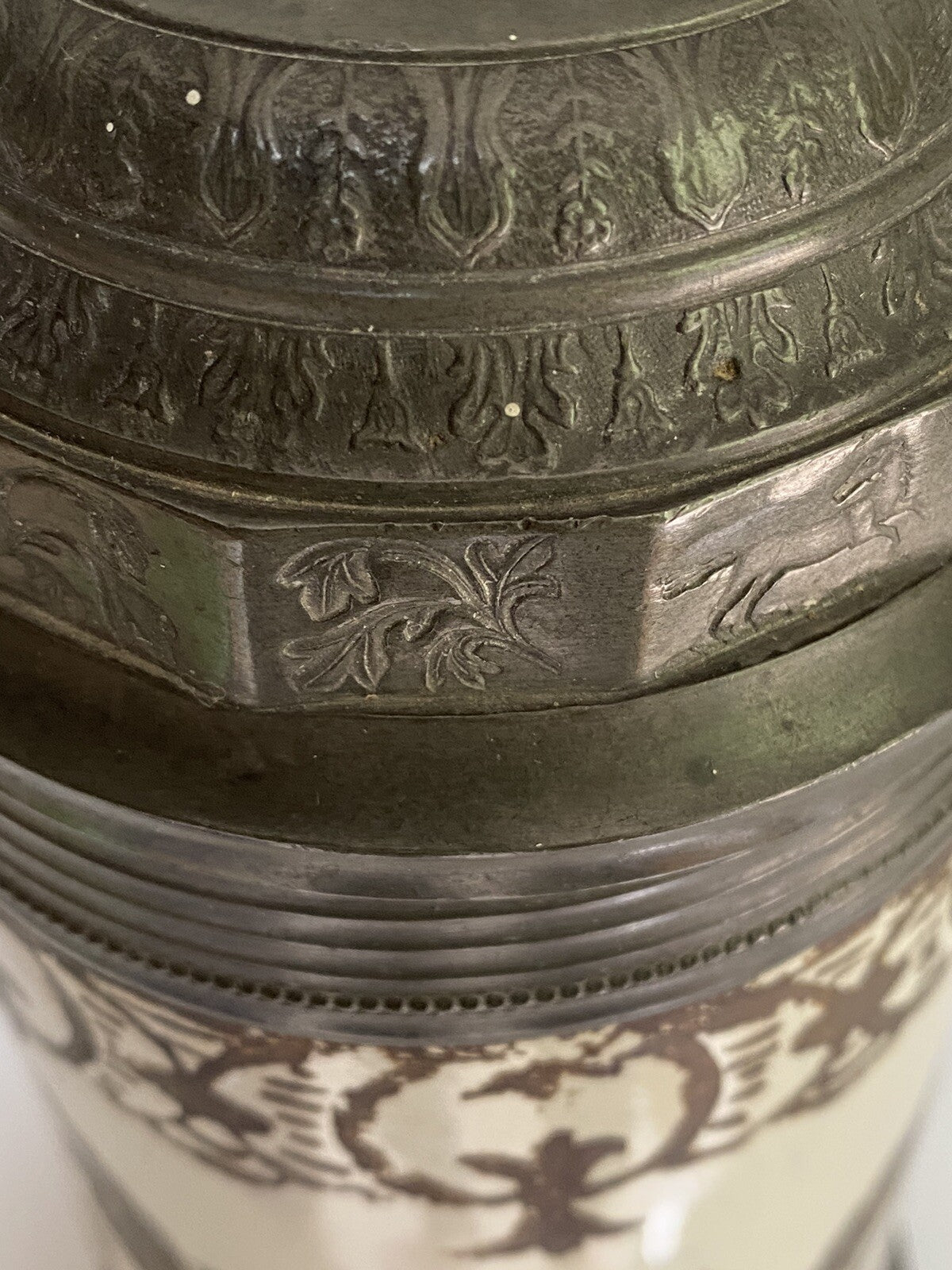 Rare Antique German Faience Pewter Beer Stein Schrezheim Factory Cold Painted