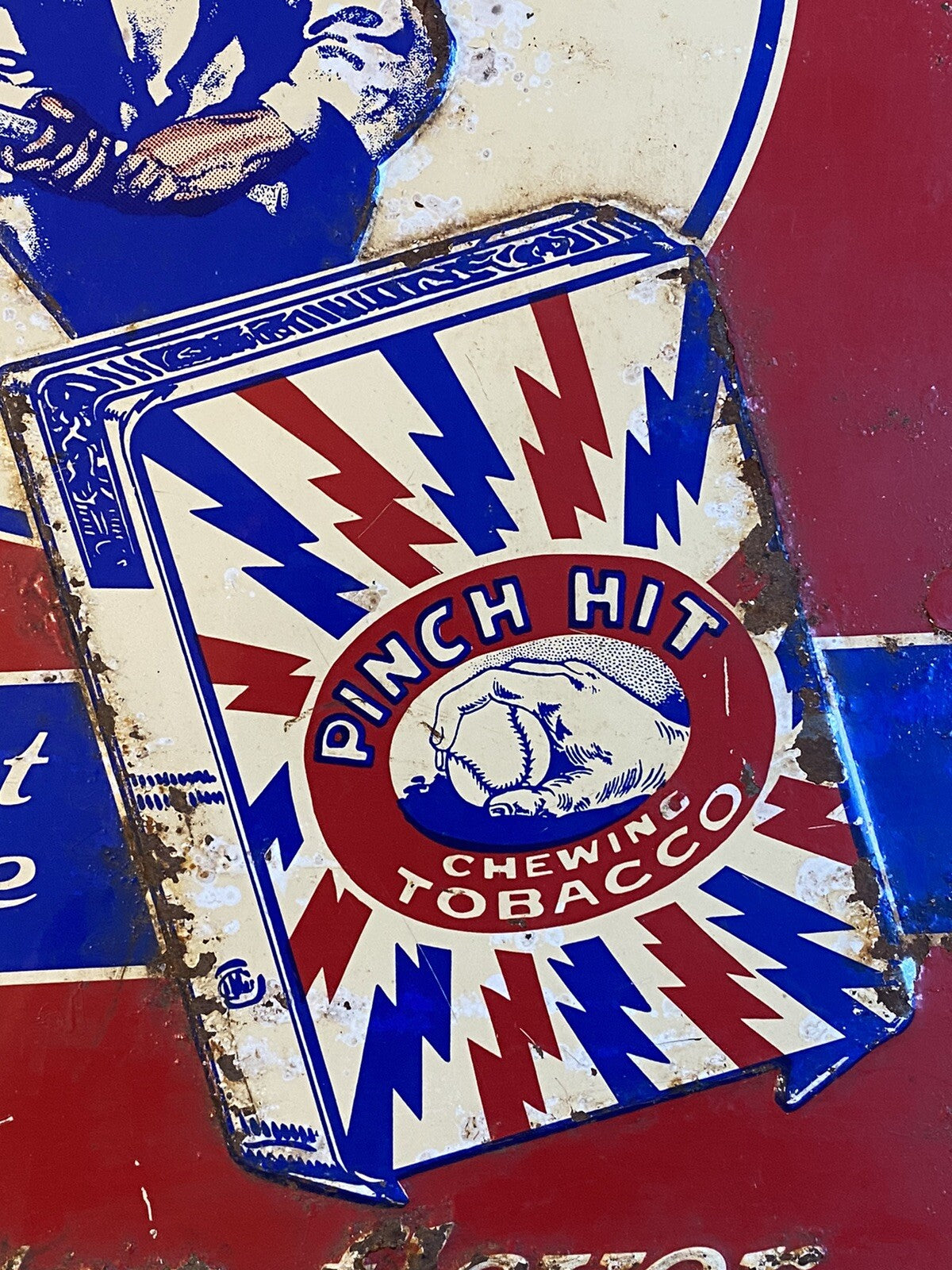 Original Vintage Antique Pinch Hit Chewing Tobacco Baseball Tin Sign Not Enamel