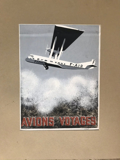 Original Vintage Hand Painted Maquette Art Deco Travel Aviation Aeroplane Poster