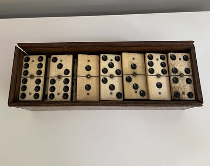 Antique Vintage 28 Bone & Ebony Dominos with Brass Pins Full Set In Box 19th C