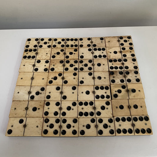 Antique Vintage 28 Bone & Ebony Dominos with Brass Pins Full Set In Box 19th C
