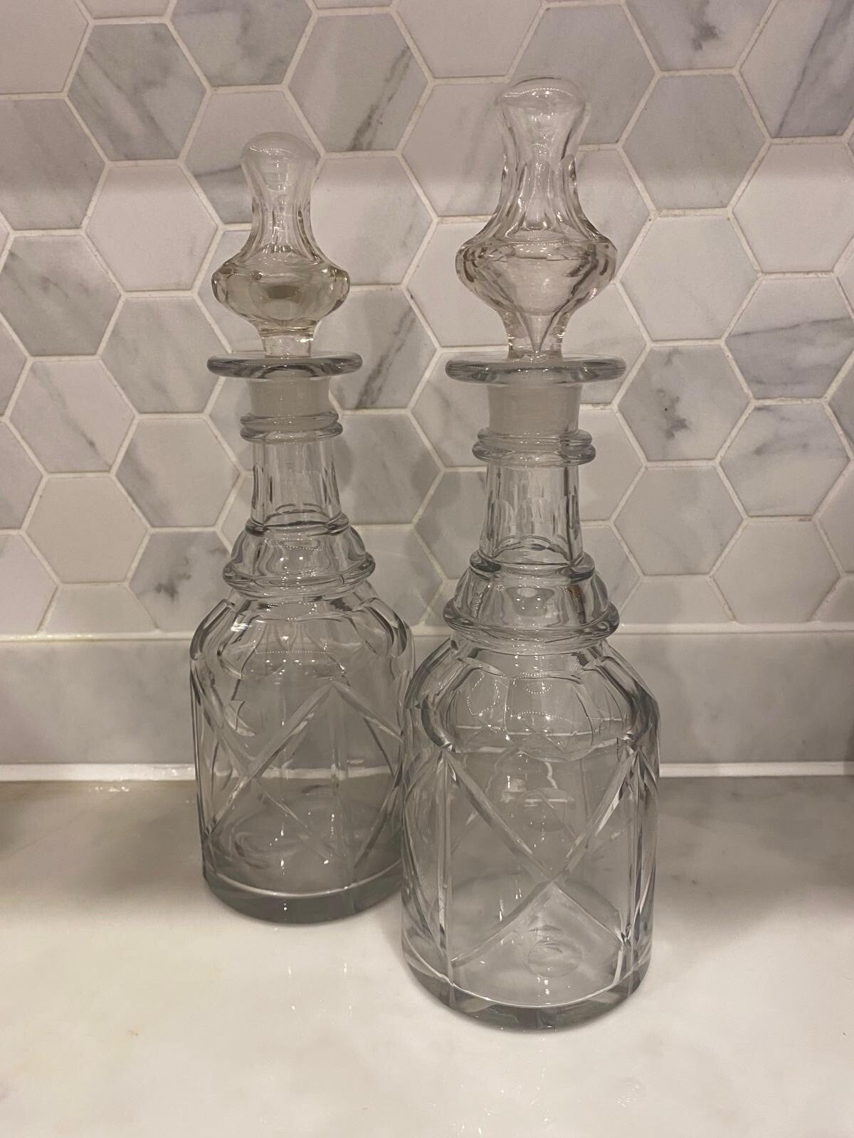 Rare Antique Pair Decanters C 1840 19th Cen Crystal Cut Glass Mallet Christmas